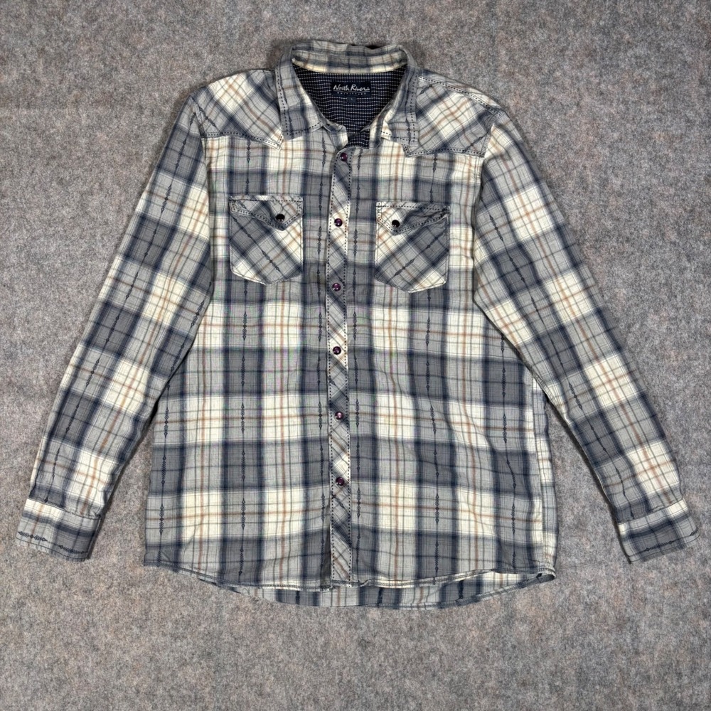 North River Pearl‎ Snap Western Shirt Mens L Grey Plaid Front Embroidered